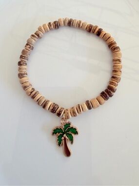 Beach-Style Brown Wood Bead Bracelet with Palm Tree Charm